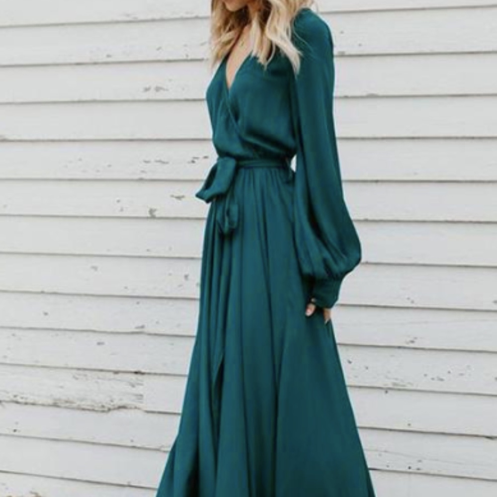 V-Neck Long Sleeve Belted Maxi Dress